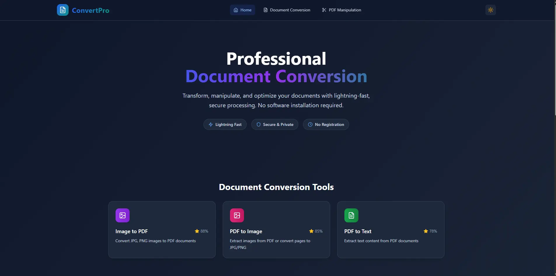 A document conversion service website offering various file format conversions.